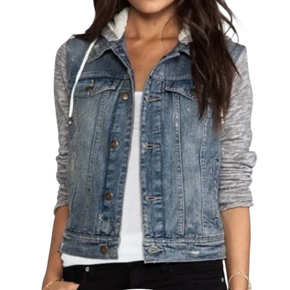 Free People Jean Jacket Womens Size Small Distressed Cropped Blue Gray Knit Slv - Picture 11 of 11